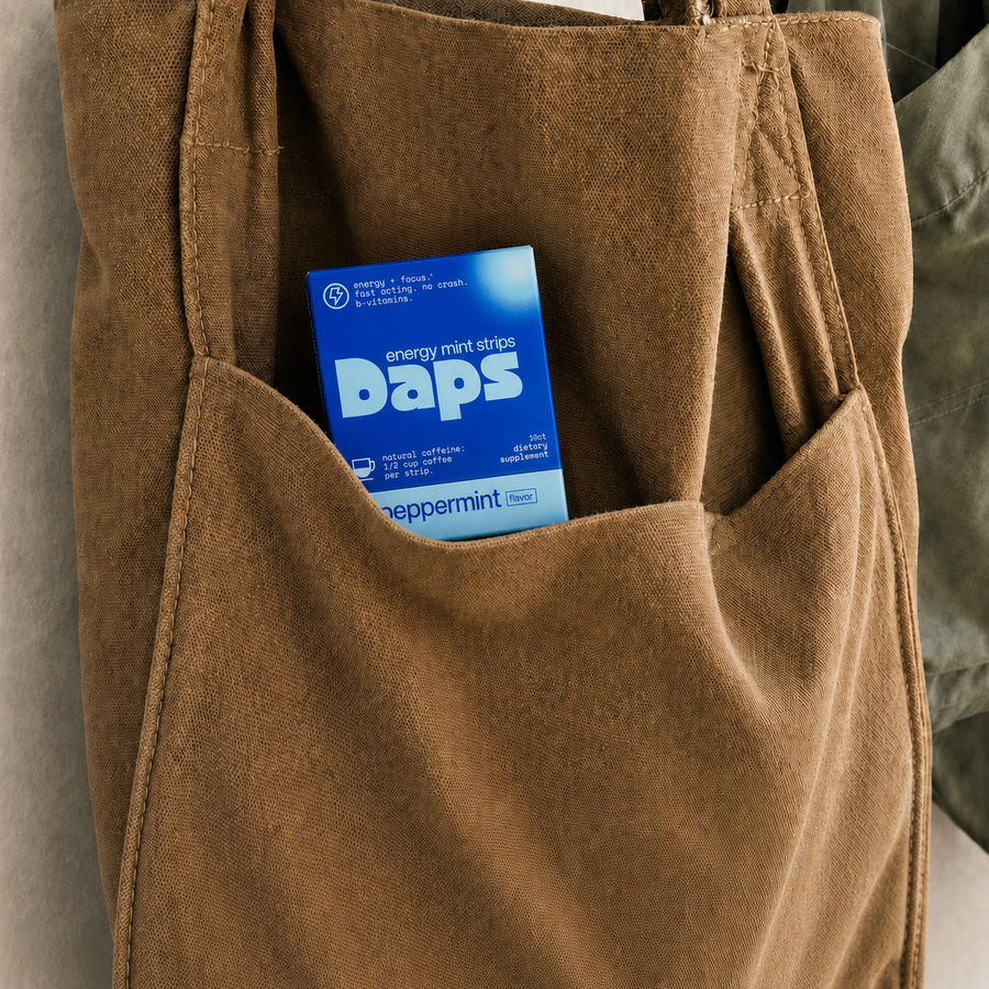 daps energy mint strips tucked in a tote bag pocket