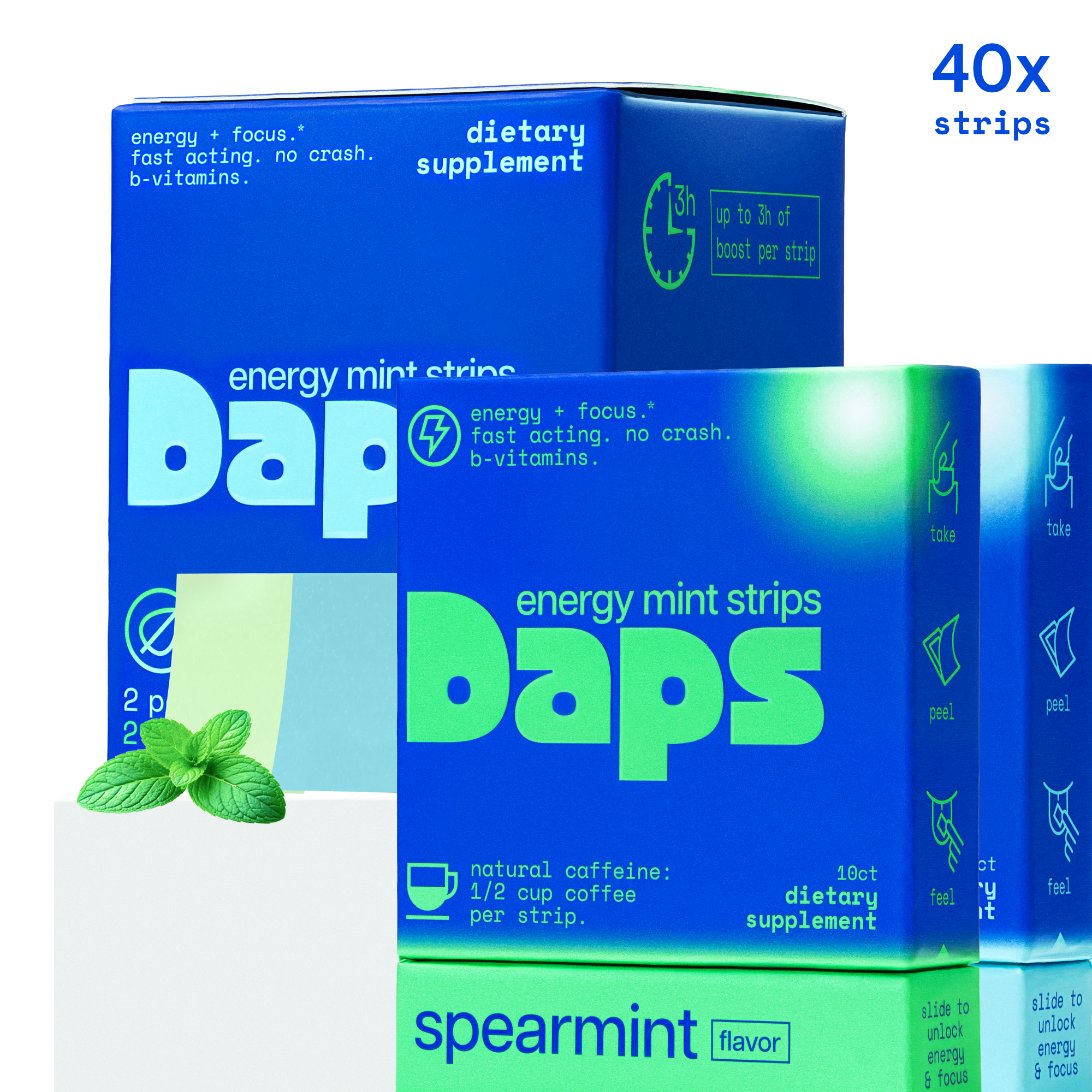 DAPS energy mint strips packaging with blue and green design